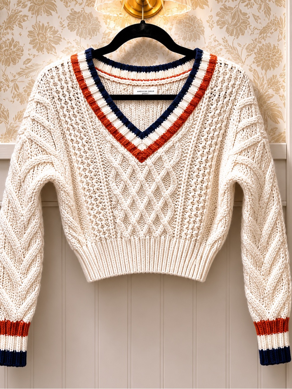 American Eagle Outfitters Cream Cable-Knit V-Neck Sweater with Navy & Rust Trim